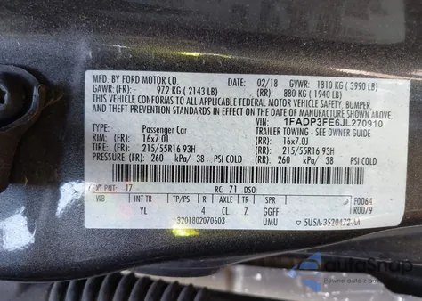 2018 Ford Focus Se from USA, damaged, VIN 1FADP3FE6JL270910